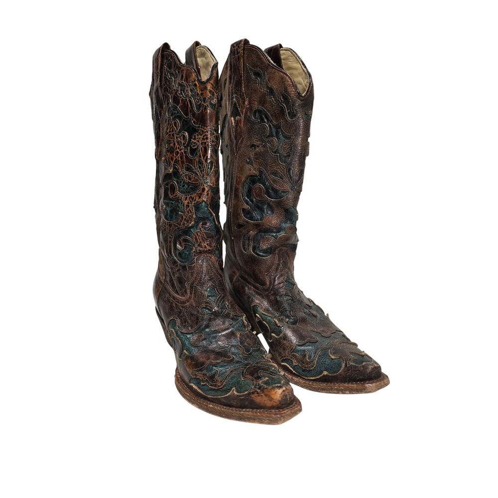 Corral Boots Brown &‎ Teal Underlay Leather Western Boots Women Size 9.5M